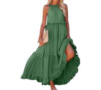 Maxi abito da donna a balze con volant, estivo, senza maniche, con allacciatura sul retro, vestibilità ampia, abito lungo svasato con punto smock per cocktail formale matrimonio ospite, Verde, S
