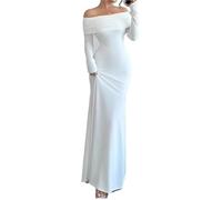 Maxi abito da donna a maniche lunghe con spalle scoperte increspato aderente primaverile abito midi formale elegante per matrimoni club party abito ospite, bianco, L
