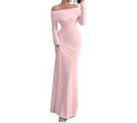 Maxi abito da donna a maniche lunghe con spalle scoperte increspato aderente primaverile abito midi formale elegante per matrimoni club party abito ospite, rosa, L