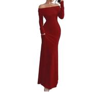 Maxi abito da donna a maniche lunghe con spalle scoperte increspato aderente primaverile abito midi formale elegante per matrimoni club party abito ospite, Borgogna, L