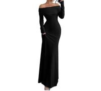 Maxi abito da donna a maniche lunghe con spalle scoperte increspato aderente primaverile abito midi formale elegante per matrimoni club party abito ospite, Nero , L