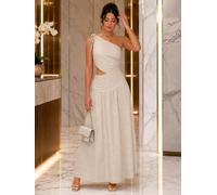 Maxi abito da donna a righe monospalla con ritaglio increspato | Cravatta sulla spalla, ruches diagonali, ritaglio laterale in vita, carré asimmetrico, gonna arricciata, stile vacanza