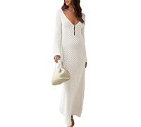 Maxi abito da donna all'uncinetto, a maniche lunghe, aderente, abito lungo traforato, estivo, spiaggia, vacanze, bikini, Bianco lavorato a maglia, M