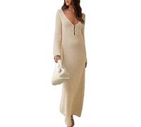Maxi abito da donna all'uncinetto, a maniche lunghe, aderente, abito lungo traforato, estivo, spiaggia, vacanze, bikini, Albicocca a maglia, M