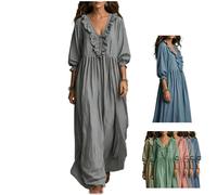 Maxi Abito da Donna Ampio e Fluido, a Righe con Stampa Artistica, Scollo a V, Maniche a Sbuffo con Ruches - Maxi Abito Casual ed Elegante a Righe con Ruches (Grey,3XL)