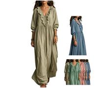 Maxi Abito da Donna Ampio e Fluido, a Righe con Stampa Artistica, Scollo a V, Maniche a Sbuffo con Ruches - Maxi Abito Casual ed Elegante a Righe con Ruches (Matcha,S)
