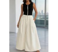 Maxi abito da donna bianco e nero a blocchi di colore, senza maniche, con cerniera frontale, linea ad A, abito lungo con tasche, abito da sera