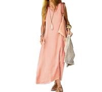 Maxi abito da donna casual con scollo a V, in lino, stile boho, fluido, taglie forti, senza maniche, estivo, in cotone, per vacanze al mare, rosa, 5XL