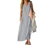 Maxi abito da donna casual con scollo a V, in lino, stile boho, fluido, taglie forti, senza maniche, estivo, in cotone, per vacanze al mare, grigio, 5XL