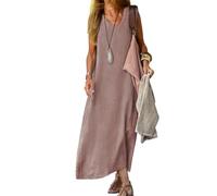 Maxi abito da donna casual con scollo a V, in lino, stile boho, fluido, taglie forti, senza maniche, estivo, in cotone, per vacanze al mare, Loto, 5XL