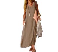 Maxi abito da donna casual con scollo a V, in lino, stile boho, fluido, taglie forti, senza maniche, estivo, in cotone, per vacanze al mare, cachi, 5XL