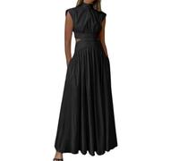 Maxi abito da donna con colletto alto e cut-out, senza maniche, scorrevole, elegante piegato, lungo, per il tempo libero, le vacanze, l'ufficio e le feste, Nero , M