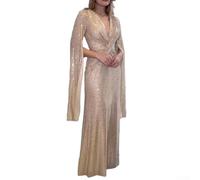 Maxi abito da donna con profondo scollo a V, maniche lunghe drappeggiate e dettagli con paillettes per feste (L oro)