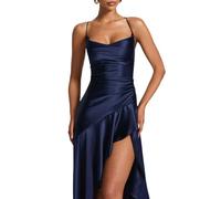 Maxi abito da donna con scollo a cascata e spalline sottili, abito formale con spalline sottili, Blu scuro, S