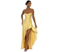 Maxi abito da donna con scollo a cascata e spalline sottili, abito formale con spalline sottili, giallo., L