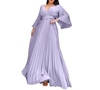 Maxi abito da donna con scollo a V, a maniche lunghe, a vita alta, linea A, casual, elegante, fluido, da spiaggia, orlo plissettato, taglie forti, vestibilità ampia con cintura, Grigio, XL