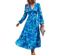 Maxi abito da donna con scollo a V, a maniche lunghe, linea impero in vita, autunno, matrimonio, festa, casual, in chiffon, Geometria Blu, XL