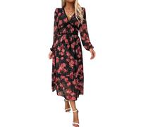 Maxi abito da donna con scollo a V, a maniche lunghe, per matrimoni, feste, casual, in chiffon, Rosa nera., S