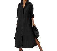 Maxi abito da donna con scollo a V e bottoni, con tasca, casual, tinta unita, orlo irregolare, aperto sul davanti, a maniche lunghe, cardigan, Nero , M