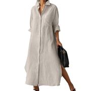 Maxi abito da donna con scollo a V e bottoni, con tasca, casual, tinta unita, orlo irregolare, aperto sul davanti, a maniche lunghe, cardigan, Grigio, M