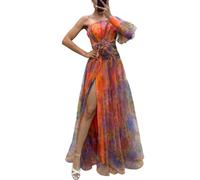 Maxi abito estivo da donna, monospalla - Elegante abito estivo in rete a strati con spacco a strati, decorazione con nodo floreale, abito da sera plissettato per cocktail, spiaggia, matrimoni, ospiti,