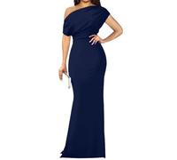 Maxi abito da donna con spalle scoperte e increspato elegante abito da sera formale abito da ballo di fine anno matrimonio ospite, blu navy, L