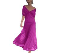 Maxi abito da donna con spalle scoperte in chiffon, scollo a V profondo, maniche corte, increspato, vita fluida, elegante, serata, cocktail, matrimonio, ospite, Viola, L