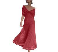 Maxi abito da donna con spalle scoperte in chiffon, scollo a V profondo, maniche corte, increspato, vita fluida, elegante, serata, cocktail, matrimonio, ospite, vino, L