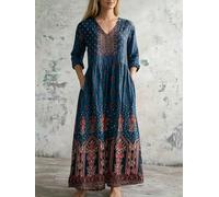 Maxi abito da donna con stampa floreale, scollo a V, maniche a 3/4, a strati, ampio, fluido, lungo, con tasche, per vacanze e uso quotidiano