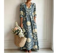 Maxi abito da donna con stampa floreale, scollo a V, maniche a 3/4, ampio, casual, con tasche