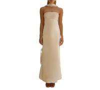 Maxi abito da donna floreale con sciarpa, senza spalline, senza spalline, in rete, lungo, aderente, da cocktail formale, prendisole, Beige Seta, S