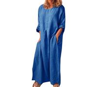 Maxi abito da donna, in cotone e lino, a maniche lunghe, con scollo a V, casual, per vacanze, spiaggia, estate, taglie forti, fluido, elegante, a maniche lunghe, in cotone, stile casual con tasche