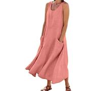 Maxi abito da donna in lino, senza maniche, scollo a V, abito da spiaggia fluido, estivo, casual, prendisole ampio, taglie forti, abiti bohémien, con tasca, A06 Rosso Anguria, XX-Large
