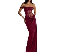 Maxi abito da donna in pizzo trasparente con spalle scoperte sexy scollo a cuore aderente prendisole slim fit elegante per le signore abito da sera formale UK, vino, S