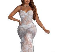 Maxi abito da donna in pizzo trasparente con spalline sottili in rete trasparente floreale set camicia da notte per casa hotel pigiameria lingerie accappatoio (M bianco)