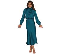 Maxi abito da donna in raso a maniche lunghe con collo a lupetto in tessuto liscio e setoso, silhouette elegante, ideale per cocktail formali, matrimoni, eventi ospiti, Blu scuro, L