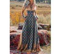 Maxi abito da donna in stile bohémien, con scollo a V, maniche lunghe | Primavera Autunno, Boho Western Vibe, Maxi Silhouette Fluida, Morbido Tessuto Elastico, Fuga di Campagna, Riunione all'aperto