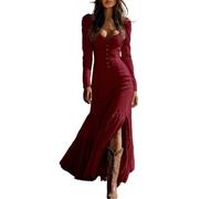 Maxi abito da donna in stile occidentale con abbottonatura - Abito a maniche lunghe con maniche a sbuffo, fessura sulle gambe e orlo con volant | Elegante e romantico abito country e bohémien, Stile