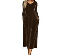 Maxi abito da donna in velluto, a maniche lunghe, girocollo, con tasche, elegante, formale, cocktail, feste, matrimoni, ospiti, capodanno, vacanze, abiti da sera in velluto, Marrone, XXL