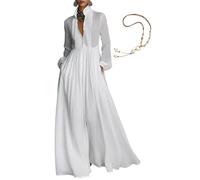 Maxi abito da donna minimalista in cotone e lino patchwork monopetto colletto alla coreana a maniche lunghe, tinta unita casual camicia abito, bianco, M