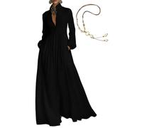 Maxi abito da donna minimalista in cotone e lino patchwork monopetto colletto alla coreana a maniche lunghe, tinta unita casual camicia abito, Nero , M