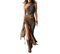 Maxi abito da donna monospalla con stampa boho per ospiti di matrimonio | Una spalla scollatura silhouette asimmetrica stampa di ispirazione vintage aderente vita a strati orlo increspato morbido