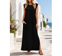 Maxi abito da donna senza maniche, girocollo, ampio, con tasca laterale, spacco alto, casual, per spiaggia, vacanze, casa, salotto quotidiano