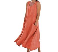 Maxi abito da donna senza maniche in cotone e lino, estivo, casual, scollo rotondo, tinta unita, svasato, con tasche, comodo prendisole lungo a linea a A, per vacanze all'aperto, 2-arancione, 5X-Large