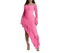 Maxi abito da donna, senza spalline, asimmetrico, tinta unita, lungo, per il tempo libero, estivo, elegante, comodo, leggero, Colore: rosa., S