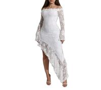 Maxi abito da donna, senza spalline, asimmetrico, tinta unita, lungo, per il tempo libero, estivo, elegante, comodo, leggero, bianco, L