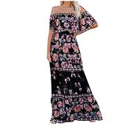 Maxi abito da donna senza spalline con spalle scoperte elegante floreale volant svasato abiti bohémien vita impero lunghezza intera abito linea da donna abiti estivi larghi accoglienti, 1-Nero., M
