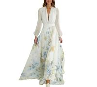 Maxi abito da sera da donna, con maniche, elegante, floreale, abito da festa, lungo, linea ad A, abito da sera, abito da festa, abito da sera sciancrato, abito avvolgente con scollo a V, bianco, L