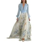 Maxi abito da sera da donna, con maniche, elegante, floreale, abito da festa, lungo, linea ad A, abito da sera, abito da festa, abito da sera sciancrato, abito avvolgente con scollo a V, Blu, M