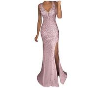 Maxi abito da sera da donna con paillettes, scollo a V profondo, spacco laterale, in tulle elegante glitterato per cocktail e feste di gala, rosa, M